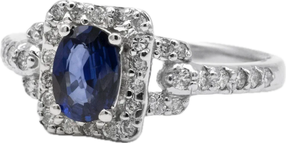 Anel em Ouro Branco 18k com Safira Azul Oval e Halo de Diamantes
