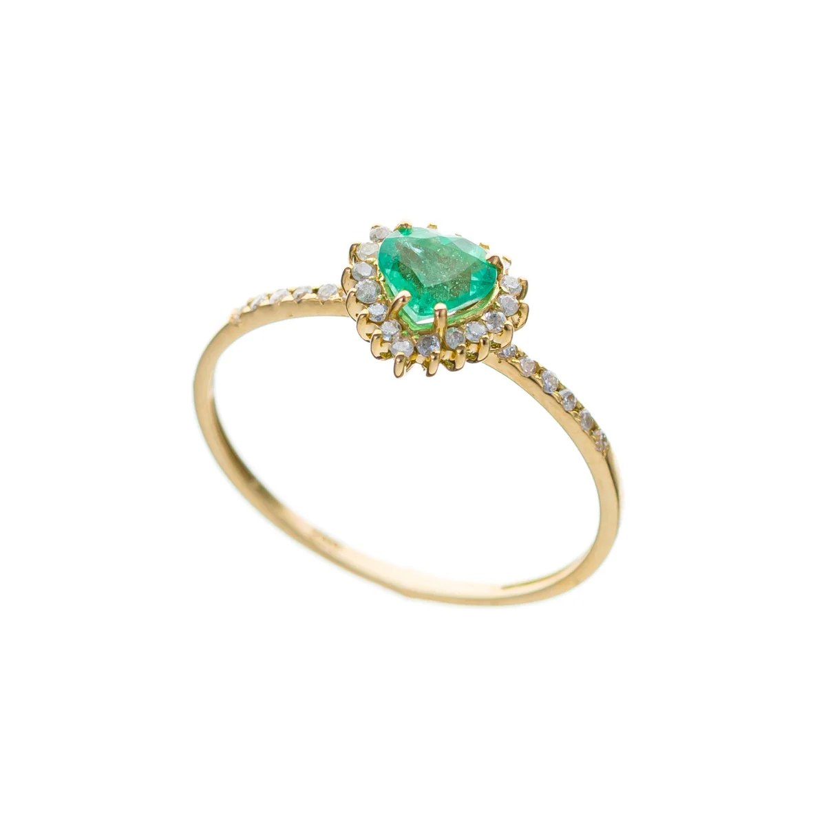Anel em Ouro Amarelo com Coração de Esmeralda e Brilhantes
